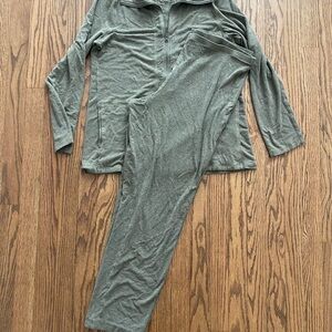 Eileen Fisher Green Viscose Spandex Zip Up Tunic Jacket PM & L Pant Set Women’s